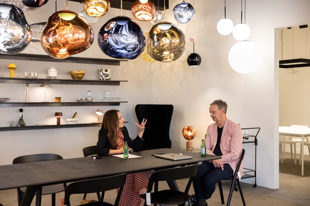 Tom and Jessica in conversation at ECC's Tom Dixon showroom space in Auckland.