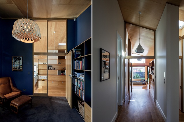 In the Point Chevalier Bungalow in Auckland the cosy study/media room with the cabinetry screen seen through the doorway; the hallway creates a journey through a layering of spaces.