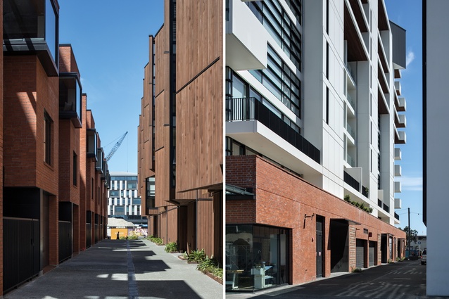 The mews Puanga Lane behind the pavilion apartments joining Tiramarama Way and Pakenham Street also connects via two lanes to Daldy Street; access to the 11 storeys of the artisan apartments is from the rear laneway via three lift cores.