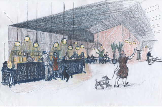 Graeme Burgess's concept for the interior of the theatre. Watercolour pencils on paper.