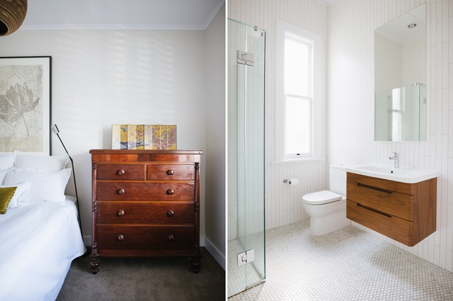 The mix of old and new architecture is echoed in the eclectic furniture and style inside the house; in the bathroom, a clean palette of white, tiled surfaces is paired with natural timber.