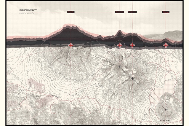 Volcanic section Aotearoa — one in a series of images by Grayson Croucher from his
Highly Commended NZIA 2023 Resene Student Design Awards entry: ‘Moving Mountains —
Didactic Architecture for Aotearoa’.