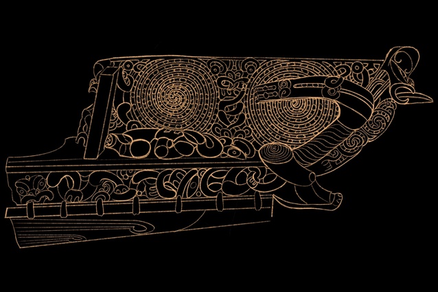 Concept sketch based on a tauihu (carved canoe prow) in elevation, hand drawn by Matekitātahi Rāwiri.