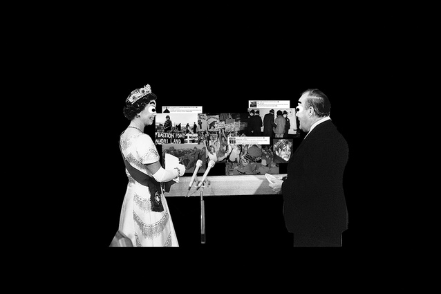 A digitally collaged comic portrays Queen Elizabeth II and New Zealand Prime Minister Robert Muldoon at the opening of The Beehive in 1977. Overlaid on the top slide are images of protest against the Dawn Raids and Ngāti Whātua’s occupation of Bastion Point, which occurred in the same decade. 