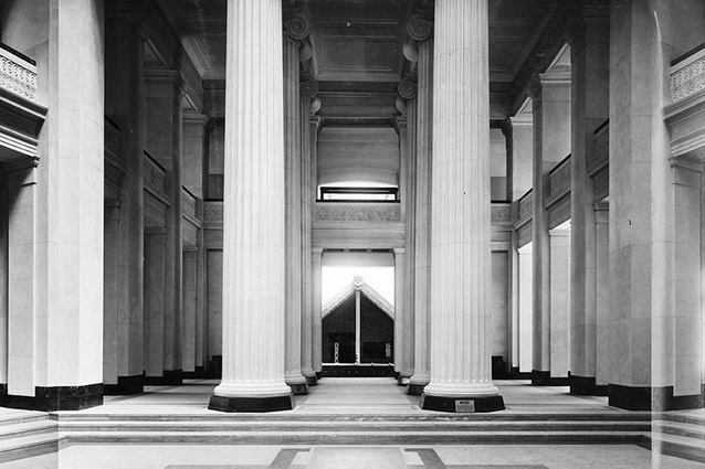 A storehouse within a storehouse: Grierson, Aimer and Draffin, Auckland War Memorial Museum, 1929. View towards the Māori court and the pātaka (storehouse) Hotunui. 