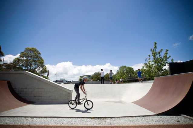 Victoria Skate Park by Isthmus, an NZILA Award of Distinction winner and a "technically competent skate facility providing equal opportunity with all levels and styles of skate/scooter/bike movement".