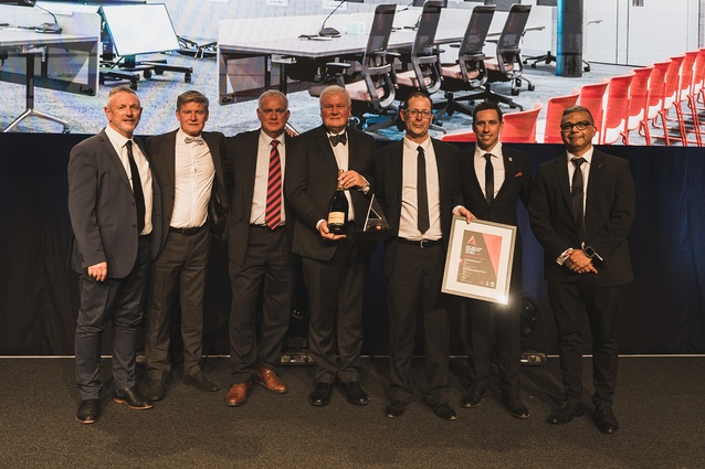 Supreme Award winner (over $10M) Canam Commercial pictured with Johnny Calley Registered Master Builders National President (second from right) and Ankit Sharma, Registered Master Builders CEO (at right).