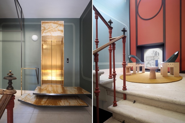 L: Brass features throughout the apartment and greets visitors at the entrance. R: Carlo Scarpa’s 618 chairs take pride of place on the shared staircase’s main landing.