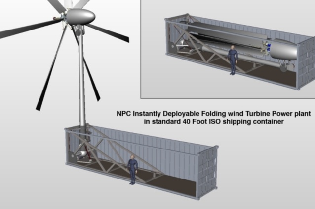 A containerised folding wind turbine, being developed under licence by Oshkosh Defense. 