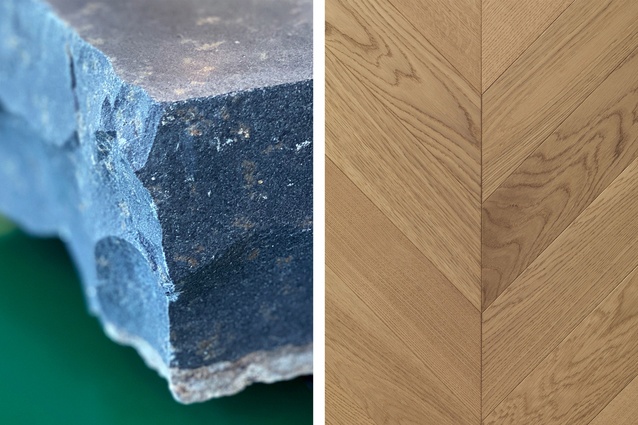 Interior materials. Left: slate references the black sand beaches of the West Coast. Right: the chevron-patterned oak flooring.