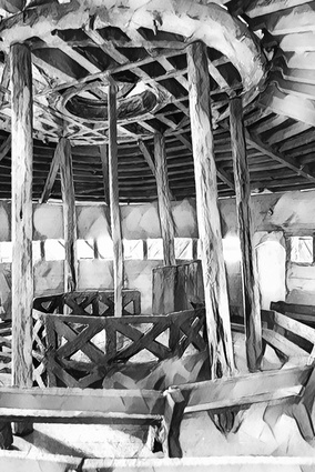 An interior view of Hiona (also known as Te Whare Kawana), at Rua Kenana’s Maungapohatu community. Built in 1908 and demolished in 1916, George Wepīha Melbourne is recorded as the architect or tohunga whakairo in selected family discussions.