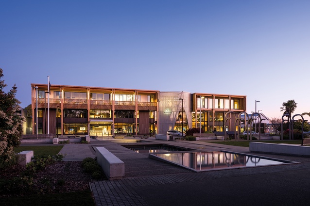 Te Whare Whakatere, Ashburton’s new Library and Civic Centre, is viewed from across Baring Square.