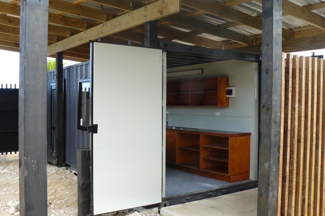 The kitchen area within the container, which was donated by Royal Wolf.