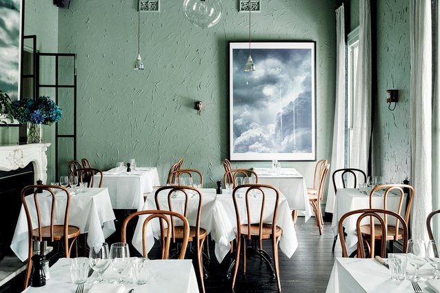 The Entrecôte restaurant in Melbourne’s South Yarra is a cheeky play on the traditional Parisian bistro. One of the dining rooms features pistachio green walls.