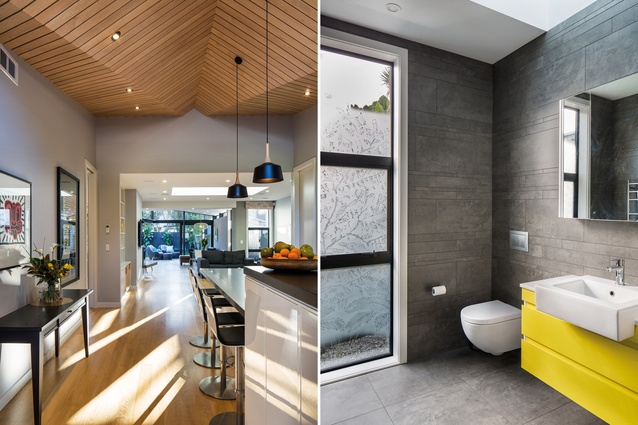 The angular maple-wood ceiling lends a visual warmth to the central living zone of the house; the bathroom features one of John Mills’ frosted glass artworks. 
