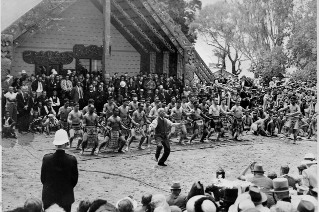 Āpirana Ngata leading the haka at the opening of Whare Runanga at Waitangi in 1940: a project by the School of Māori Arts and Crafts.