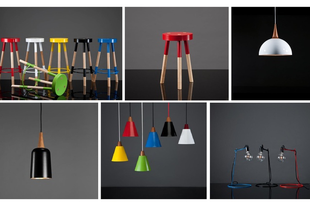 A selection of Webber's wares, clockwise from top left: Y stools in various colours and alone in red, Dome Ampel pendant, Strip Lamp, Tri-Ampel pendant and Ampel pendant.
