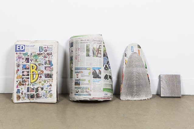 The layers  of ‘grain’ in Newspaper Wood by Mieke Miejer are created from recycled newspapers.