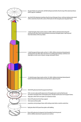 An exploded isometric drawing details the various construction components that come together to form the decagon structure.