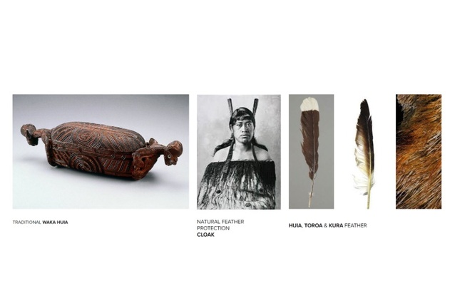 Waka huia, cloak and feather precedent imagery informed the concept design of Amokura.