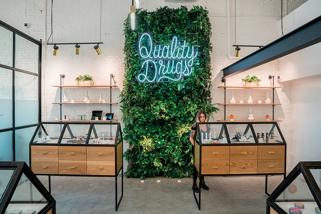 Biophilic design, natural timbers and paraphernalia that alludes to perfumeries are used rather than what is traditionally associated with the drug. 