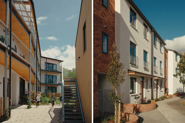 Left: The apartment building snakes along the southern and western edges 
of the site. Right: Cohaus’s walk-up, three-storey apartment building, looking along Surrey Crescent.
