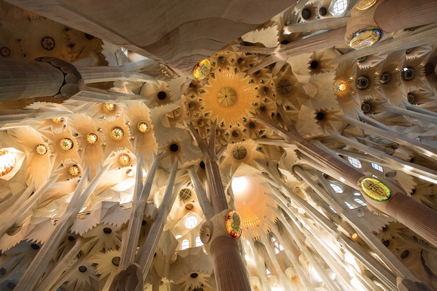La Sagrada Família, Barcelona, by Antoni Gaudí. To lessen the roof load and draw light into the building, Gaudí designed skylights between the columns, based on hyperboloids.

