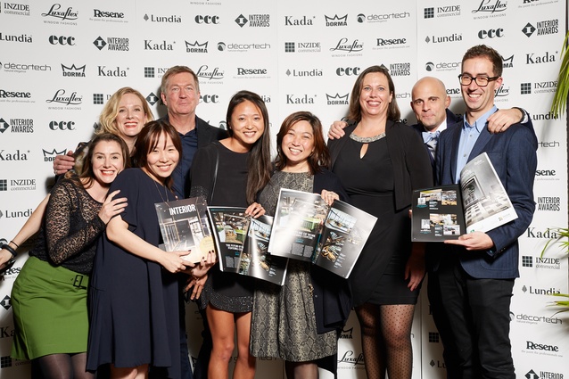 L to R: Anna Synge, Sarah Bryant, Hyunsoo Song, Tim Hooson, Patricia Lai, Shirley Chin, Shauna Herminghouse, Alasdair Hood and Alan McCorkindale from Jasmax. Winners, Workplace Award, over 1,000sqm for Fonterra.