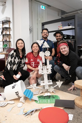 The team from SANNZ with their winning design. From left: Evana Chan, Cecelia Kuang, Sahil Tiku, Rohan Sadhu and Adam Collett.
