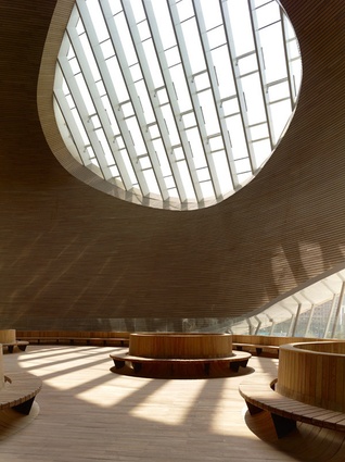 Inside the Ordos Art & City Museum, Mongolia. A strong contrast to the exterior: an airy, cavernous space, filled with natural light that streams through the large skylights.
