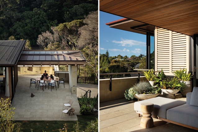 The north-east facing courtyard with Hinuera stone paving is a good place for breakfast (<a 
href="https://www.dawsonandco.nz/products/motu-teak-dining-table?variant=33572124106"style="color:#3386FF"target="_blank"><u>Motu Teak dining table</u></a> and <a 
href="https://www.dawsonandco.nz/products/solid-chair"style="color:#3386FF"target="_blank"><u>Solid chairs</u></a>, both by Dawson & Co.); a Vis à Vis outdoor sofa, from Dawson & Co., provides a place of repose in the north-west-facing loggia.