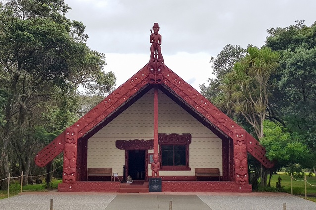 The case study building for Tiku’s essay – Te Whare Rūnanga at the Waitangi Treaty Grounds, opened by Sir Āpirana Ngata at the Waitangi centenary.
