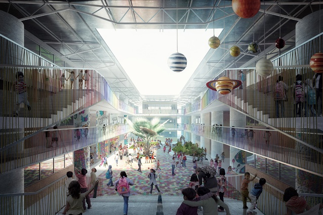 Render of the interior of Kuwait School, Gaza. The school is kept cool by increased ventilation and solar shading.