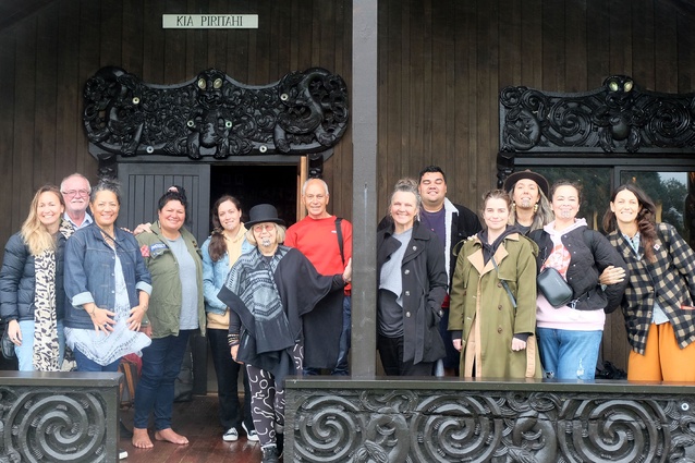 Raukura Turei of Monk Mackenzie, 2023 finalist for the Wirihana Emerging Leadership Award, pictured on the far right with the Ngā Aho Māori Design Collective, 2023.