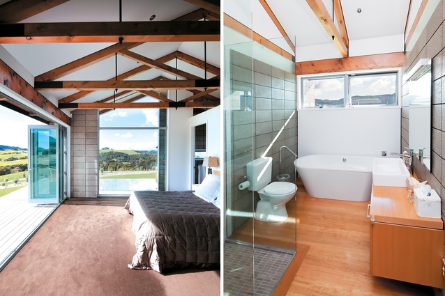 The master bedroom features the only window that offers a glimpse of the sea, and also feathers the house’s edge; the bathroom features the key elements that make up the main spaces: a view to the Brynderwyns and a simple material palette.