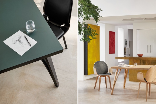 Detail of Mencke & Vagnby’s Viggo table; splashes of colour complement the home’s wooden furniture designs.