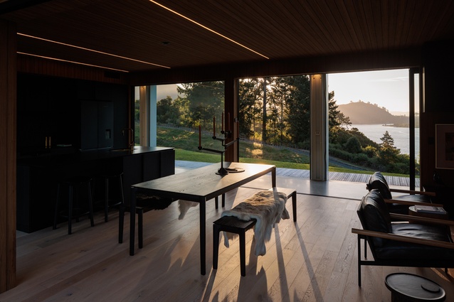 Late-afternoon sun is filtered by a pine tree stand, with westerly views up Lake Whakamaru offering a focal point from the internal living spaces.