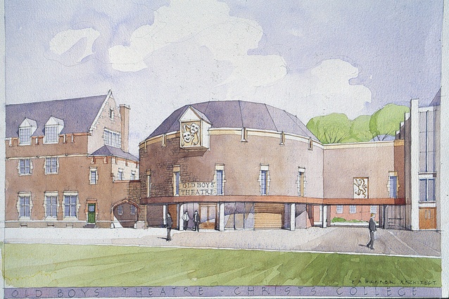 Old Boys’ Theatre presentation perspective
drawing. Watercolour and pencil on
paper. Sir Miles Warren ca 1998. Collection Sir Miles Warren.