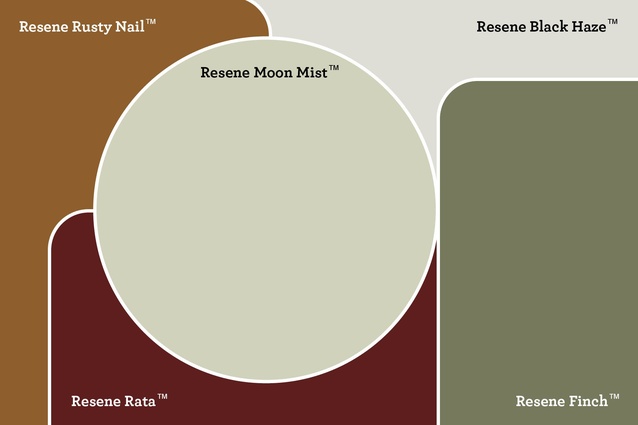 Rich, earthen tones and dusky whites complement the warm undertones of the native matai wood. His selection features <a 
href=" https://www.resene.co.nz/swatches/preview.php?chart=Resene%20Multi-finish%20range%20%282016%29&brand=Resene&name=Rusty%20Nail"style="color:#3386FF"target="_blank"><u>Resene Rusty Nail</u></a>, <a 
href=" https://www.resene.co.nz/swatches/preview.php?chart=Resene%20The%20Range%20whites%20%26%20neutrals%20%282014%29&brand=Resene&name=Black%20Haze
"style="color:#3386FF"target="_blank"><u>Resene Black Haze</u></a>, <a href=" https://www.resene.co.nz/swatches/preview.php?chart=Resene%20BS2660%20range&brand=Resene&name=Moon%20Mist"style="color:#3386FF"target="_blank"><u>Resene Moon Mist</u></a>, <a href=" https://www.resene.co.nz/swatches/preview.php?chart=Resene%20Crown%20roof%20range&brand=Resene&name=Rata"style="color:#3386FF"target="_blank"><u>Resene Rata</u></a> and <a href=" https://www.resene.co.nz/swatches/preview.php?chart=Resene%20Multi-finish%20range%20%282016%29&brand=Resene&name=Finch"style="color:#3386FF"target="_blank"><u>Resene Finch</u></a>.