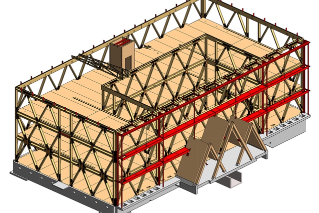 3D model of the diagrid, floor diaphragm, and truss roof structure.