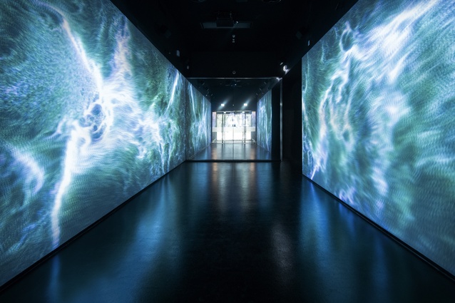 Inside the Pavilion, a digital wall mimics the movement of the river.