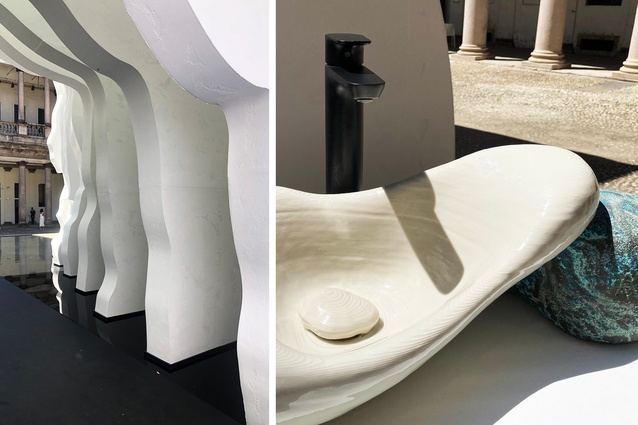(Left) 'Divided Layers' installation by artist Daniel Arsham, expanded upon the form of 'The Rock.01' (pictured right), a limited edition handwash basin the artist designed for Kohler.