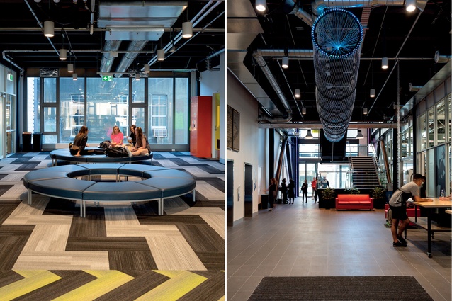 Te Auaha is a vibrant learning space featuring bold patterning in the carpets, which helps with wayfinding, and exposed services on the ceilings.
