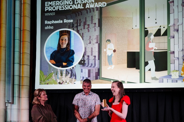 Interior Awards convenor Amanda Harkness with Steve Aschebrock from Inzide and Emerging Design Professional Rapahela Rose.