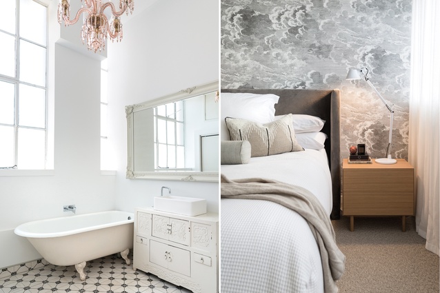 The bathroom palette is simple and clean; the master bedroom features Fornasetti Cloud wallpaper from Icon Textiles.