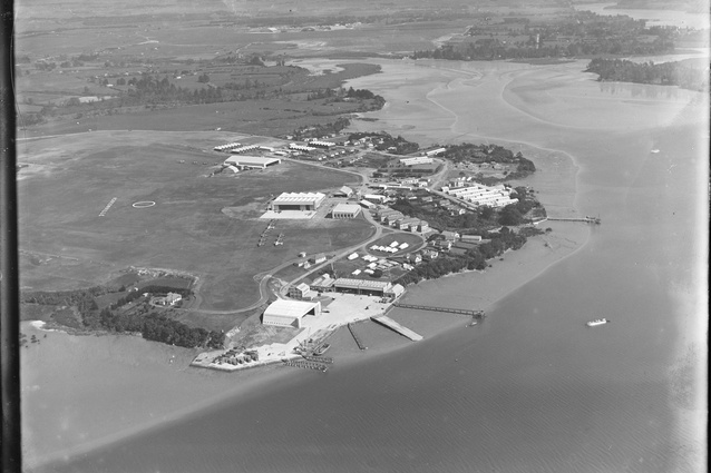 An historic photograph of the Catalina Bay site in its former use as a NZRAF air base between 1929–1967.