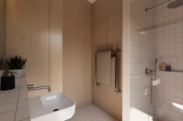 The bathroom is tiled in quality Topcer Portuguese porcelain tiles in wet areas with a continuation of Pureply Maple plywood to all other wall surfaces.