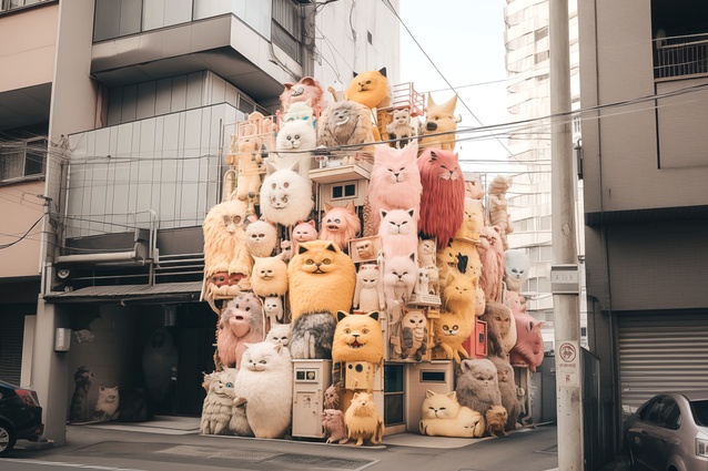 Prompt: Cute cat façade in Tokyo --v 6.0 --ar 4:2.