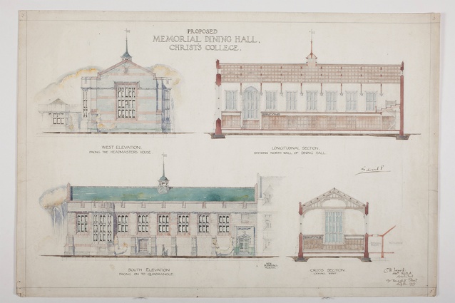 Memorial Dining Hall exterior elevations as proposed before Wood’s study tour to North America. Watercoloured pencil drawing. Cecil Wood 1919. Collection Sir Miles Warren.