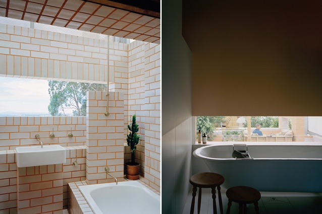 The diminished scale of the domestic space includes unexpected features such as low-level window placements; a playful outdoor bathroom of terracotta bricks with white glazed sides opens to the fields beyond.